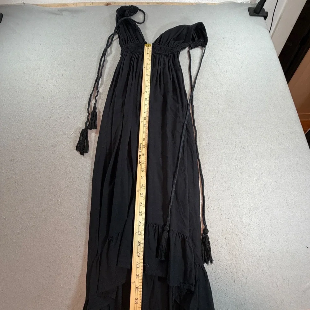 Free People Black Boho Hi Low Maxi Dress Lace Tassel Smocked Waist XS